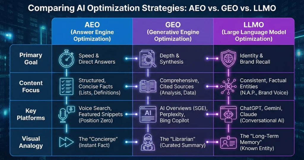 fg compare AEO GEO LLMO